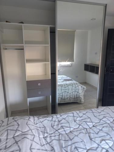 1 dormitorio con cama y espejo grande en MODERNA CASA EN USHUAIA en Ushuaia