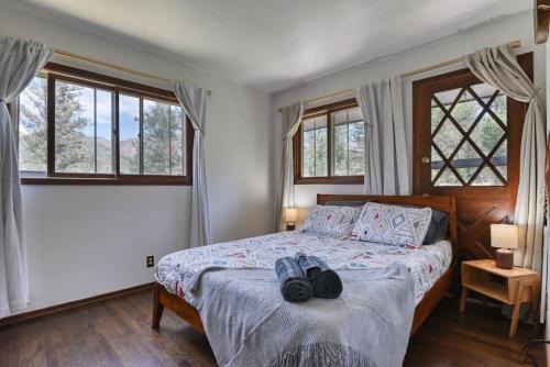 a bedroom with a bed with two bags on it at Cozy Mountain Cabin in Cascade in Cascade-Chipita Park