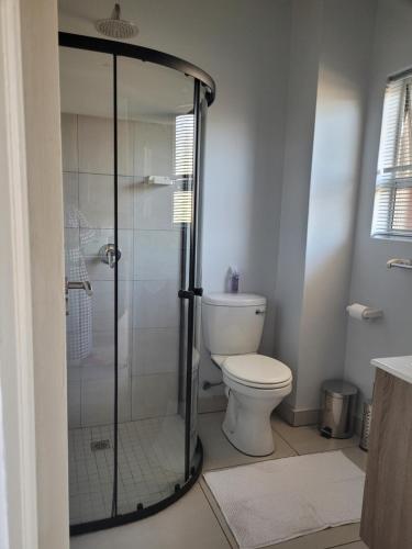 a bathroom with a toilet and a glass shower at Ollies in Pretoria