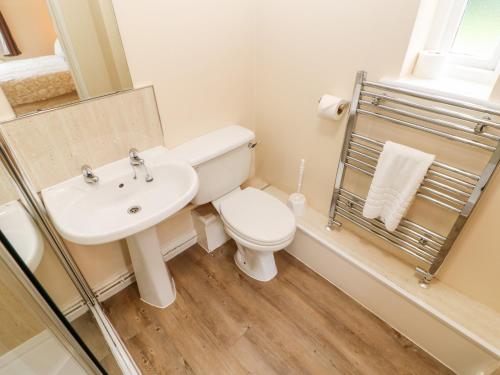 uma casa de banho com um WC, um lavatório e um espelho. em 1 Eamont Park em Penrith