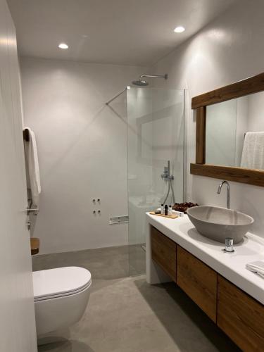 a bathroom with a sink and a toilet and a shower at ZETINE SUITES SIKINOs in Sikinos