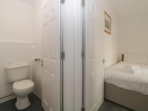 a white bathroom with a toilet and a bed at Harcombe House Bungalow 7 in Newton Abbot