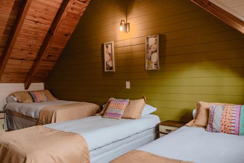 3 Betten in einem Zimmer mit grünen Wänden in der Unterkunft Cabañas Quetrihue in Villa La Angostura