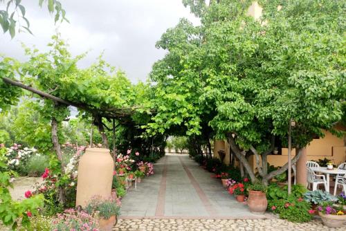 a garden with a pathway with flowers and trees at Finca La Calancha in Cuerva
