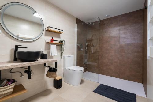 a bathroom with a sink and a toilet and a mirror at BEL APPARTEMENT A ETRENER PROCHE DE LA PLAGE in Valencia