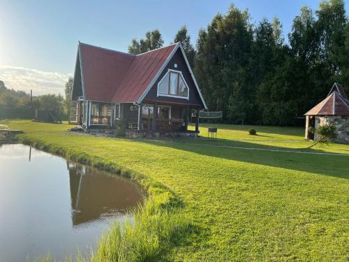 a house with a red roof next to a pond at Sodyba Anykščių raj. in Anykščiai