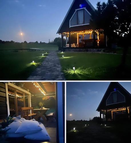 two pictures of a house with lights in the night at Sodyba Anykščių raj. in Anykščiai