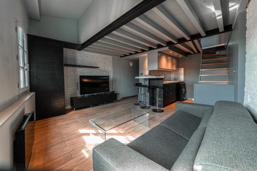 a living room with a couch and a fireplace at Wonder Duplex 7 in Toulouse