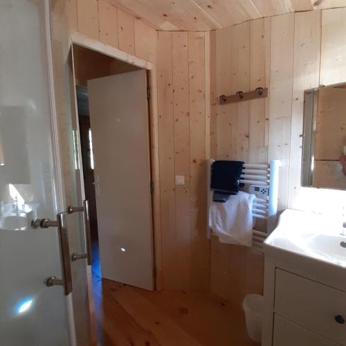 une salle de bain avec un lavabo et un miroir dans l'établissement Les écolodges du Château de Charnizay, à Charnizay