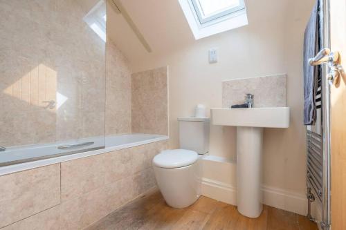 a bathroom with a toilet and a sink and a shower at Charming 1-Bed loft in Caerleon in Newport