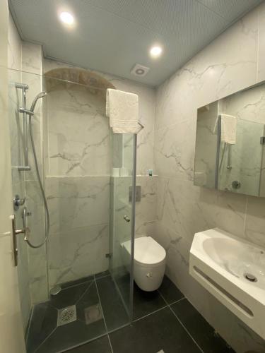 a bathroom with a shower and a toilet and a sink at Petrakis Inn in Jerusalem