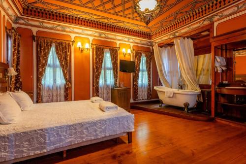 ein Schlafzimmer mit einem Bett, einer Badewanne und einem TV in der Unterkunft Hotel Residence Hebros in Plowdiw