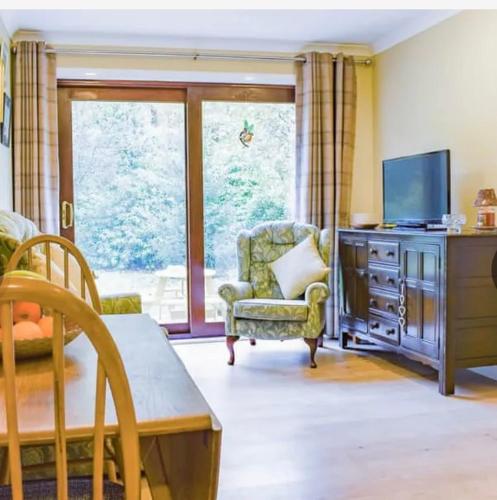 a living room with a tv and a couch and a chair at Drummond Neuk - Pets Welcome free, country setting, free onsite parking in Inverness