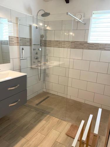 a bathroom with a glass shower and a sink at Habitation Loumavi in Sainte-Rose
