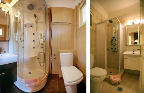 twee foto's van een badkamer met een toilet en een douche bij Sandy Bay Hotel in Plomarion