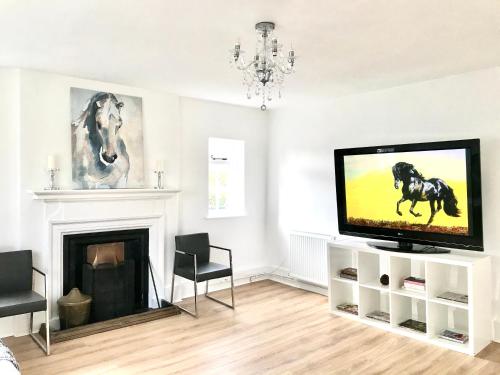 a living room with a television and a fireplace at The Farm Exclusive Hire in Stapleford Tawney