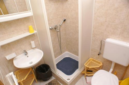 y baño con ducha, aseo y lavamanos. en Apartments by the sea Mandre, Pag - 523, en Kolan