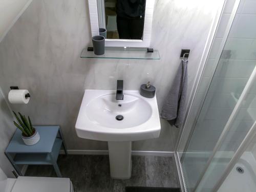 ein Badezimmer mit einem weißen Waschbecken und einem Spiegel in der Unterkunft Kirkinner Cottage in Kirkinner