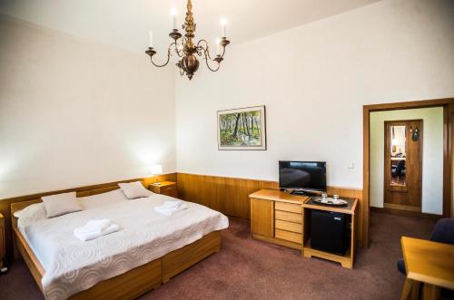 a bedroom with a bed and a television at Opitzův dům in Prague