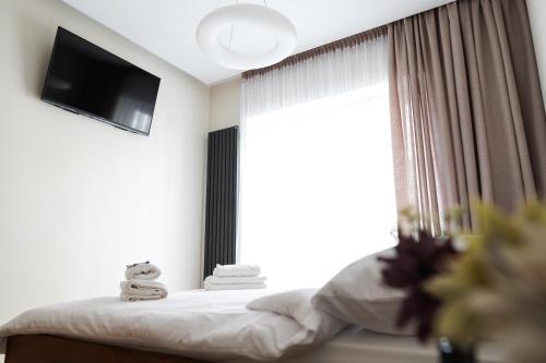 a bedroom with a bed with a window and a television at Toruńskie Zacisze 5 in Toruń