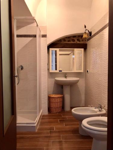 a bathroom with a shower and a sink and a toilet at La Taverna del Ricetto in Candelo