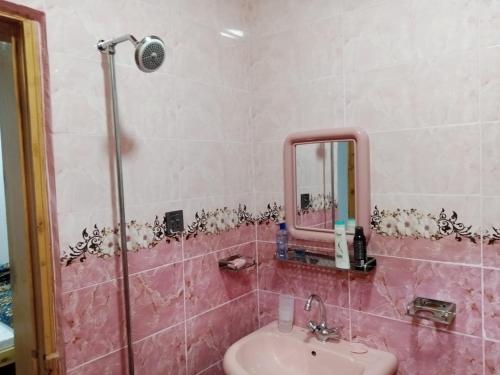 y baño de color rosa con lavabo y ducha. en Tourist Guest House, en Anīahgrām