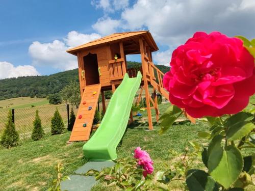 a playground with a green slide and a flower at Domki Pod Beskidem in Wysowa-Zdrój