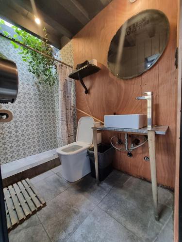a bathroom with a toilet and a sink and a mirror at Metro Hostal Boutique in Mexico City