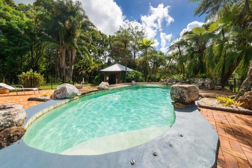 a swimming pool with rocks in a yard at McCarthy Lake House in Maleny