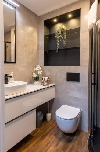 a bathroom with a white toilet and a sink at MAX-OIL in Karpacz