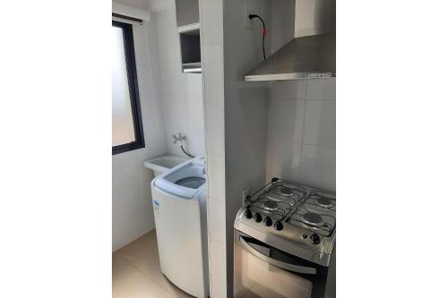 a small kitchen with a stove and a sink at Ribeirania-Zeus 67-Garagem-WIFI-Pet Friendly in Ribeirão Preto