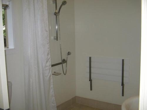 a shower with a shower curtain in a bathroom at Shortland Court Motel in Thames