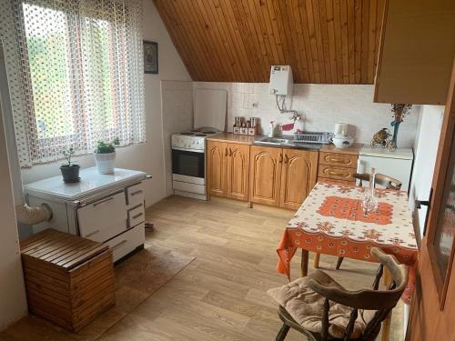 a kitchen with a table and a sink and a stove at Apartmani Laušević in Žabljak