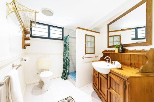 a bathroom with a sink and a toilet at Tropical Tranquillity - Spacious Poolside Cottage in Nightcliff