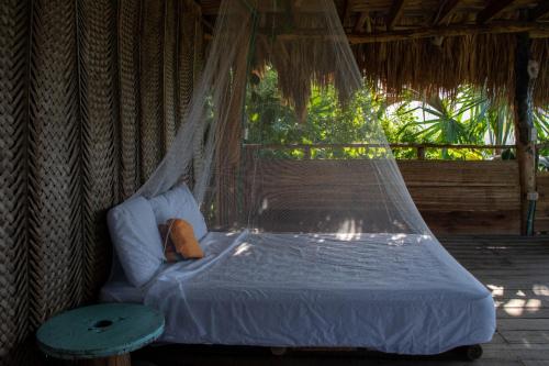 a bed in a room with a net at Elemental lodge in Santa Marta