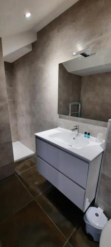 bagno con lavandino bianco e specchio di LES APPARTEMENTS DE LA B a Saint-Benoît-des-Ondes