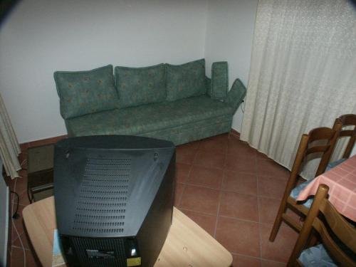 een woonkamer met een groene bank en een tv bij Apartments by the sea Pomena, Mljet - 614 in Pomena
