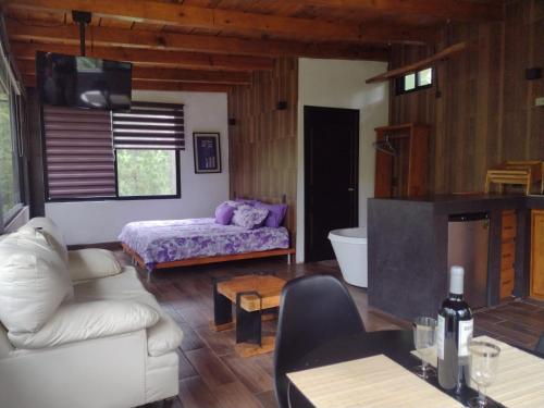 a living room with a couch and a bed at Mazamitla Pinos del Rio in Mazamitla