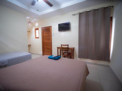 a bedroom with two beds and a tv on the wall at Casa Inti Guesthouse & Lodge in Managua