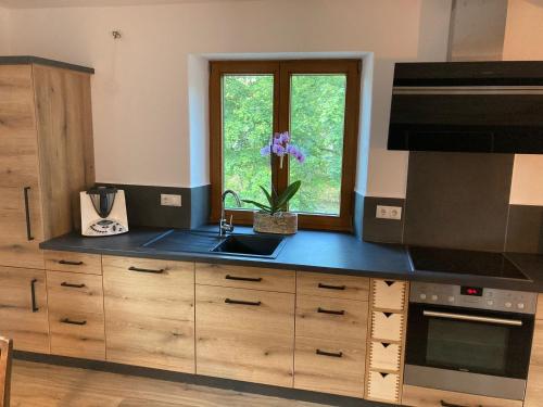 a kitchen with a counter with a sink and a window at TraunZeit in Siegsdorf