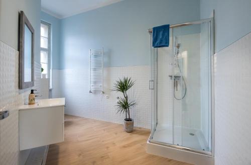 La salle de bains est pourvue d'une douche et d'un lavabo. dans l'établissement Apartamenty Piłsudskiego, à Gliwice