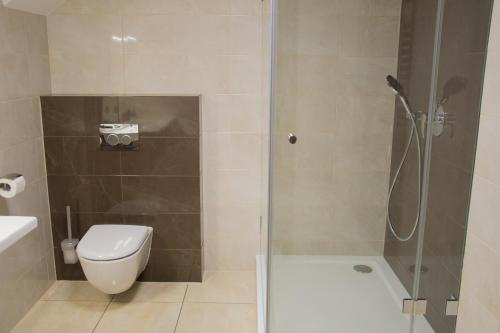 a bathroom with a shower and a toilet and a sink at Restaurace a Penzion U Klásků in Olomouc