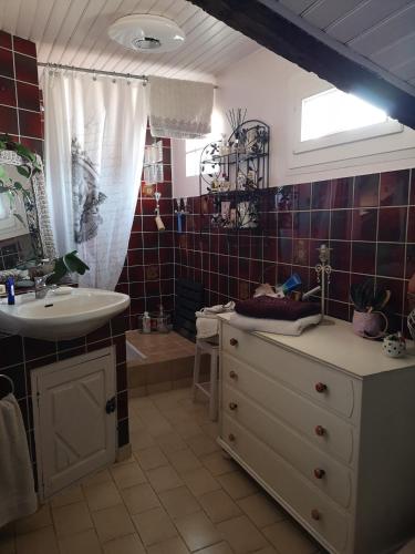 La salle de bains est pourvue d'un lavabo et d'un miroir. dans l'établissement Symphony du Vivant, à Lautrec