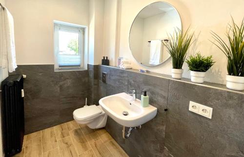 a bathroom with a sink and a toilet and a mirror at RiversideSuite.Mosel in Neumagen-Dhron