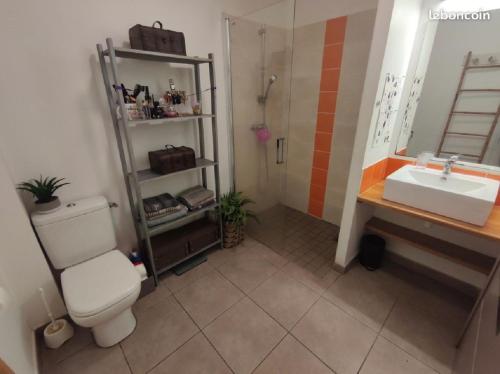 La salle de bains est pourvue de toilettes et d'un lavabo. dans l'établissement Location saisonnière meublée F2 St Leu face océan à 1 min plage, à Saint-Leu