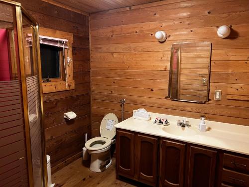 a bathroom with a sink and a toilet and a mirror at 帳 -TOBARI- in Dazaifu