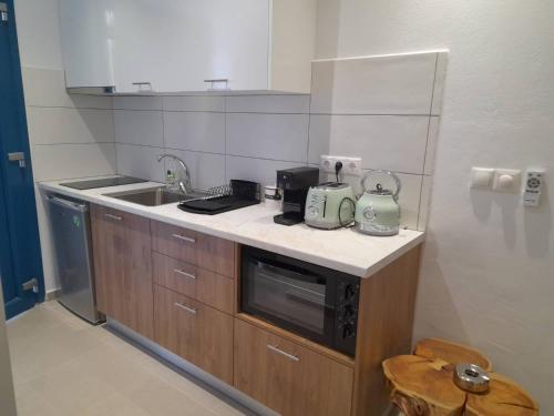 a kitchen with a sink and a counter top at Glaronisia Hotel in Pollonia