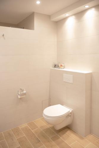a bathroom with a white toilet in a room at Chalet Alte Post in Schwarzsee