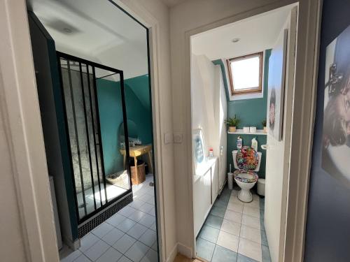 une salle de bain avec toilettes et miroir dans l'établissement Gallina, Duplex en centre ville sur le port de Caen, à Caen