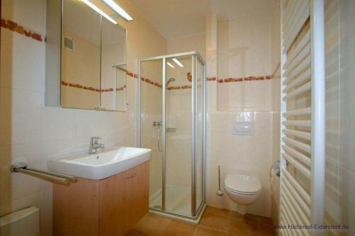a bathroom with a shower and a sink and a toilet at Haus-Boehler-Heide-Ferienwohnung-C2 in Süderhöft